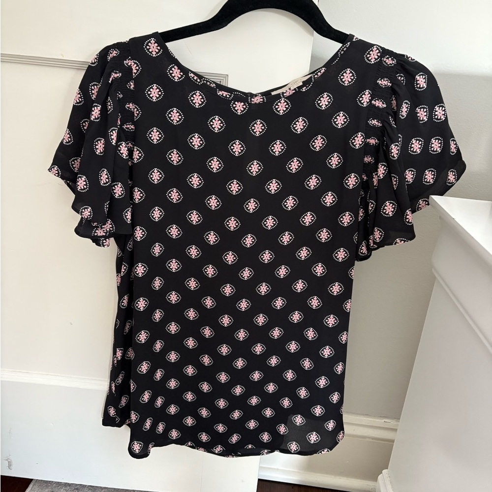 LOFT Black Blouse with Pink Floral Pattern